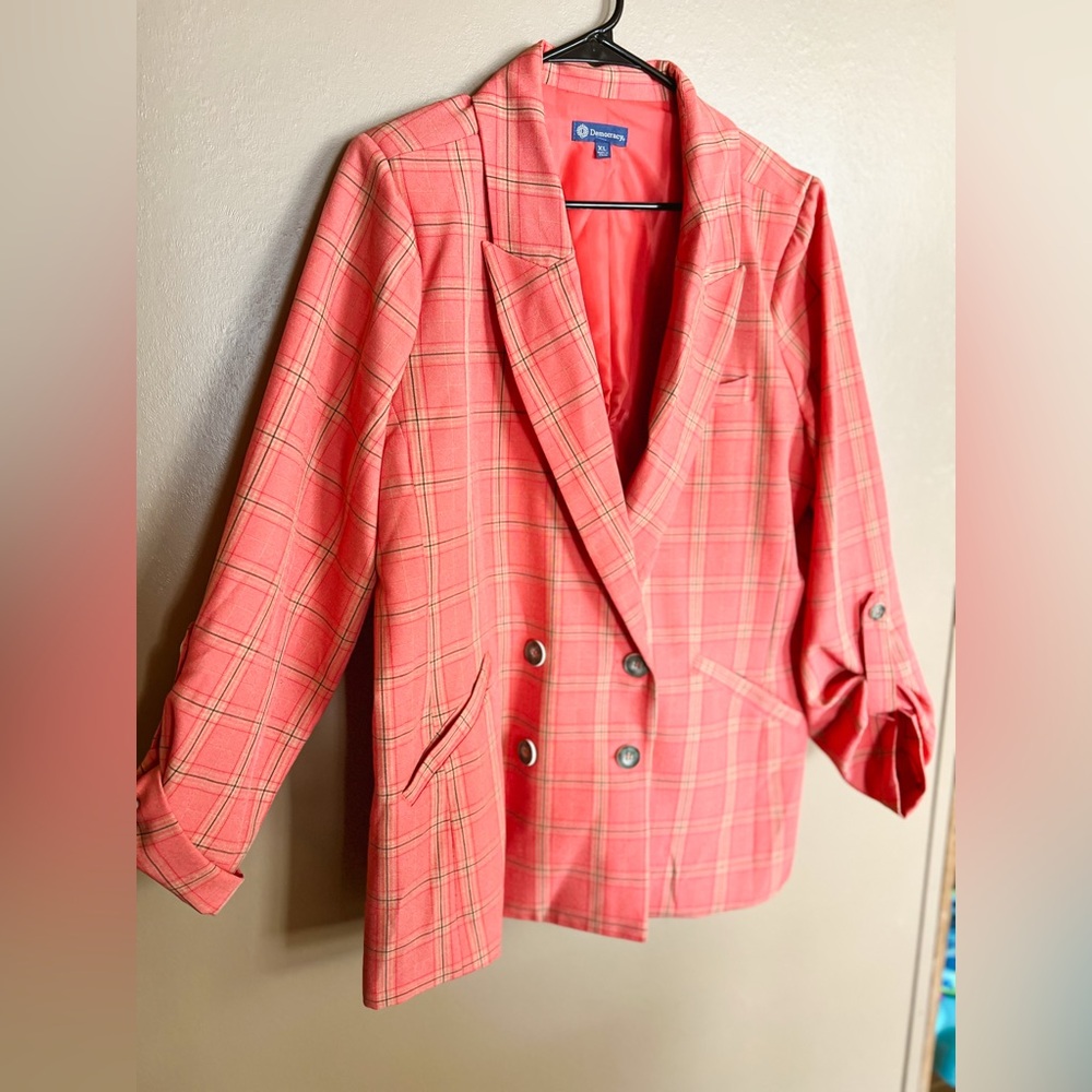 Democracy Coral Plaid Blazer